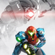 Metroid kneels holding her blaster while a robot stalks her from behind.